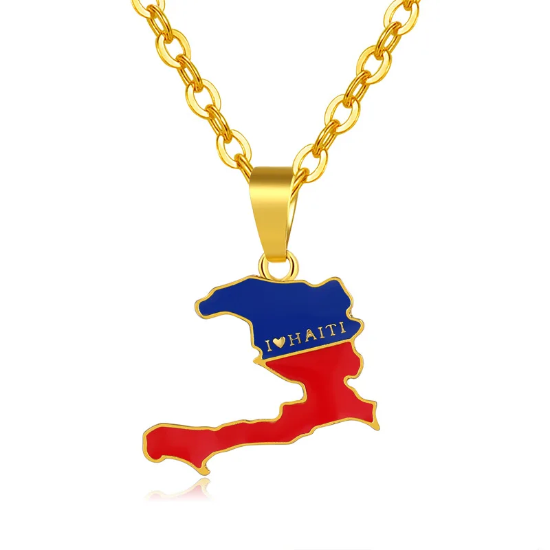 

Fashion Gold Plated Stainless Steel Map Necklace Colorful Oil Dropping Countries Haiti Flag Map Necklace, Picture color