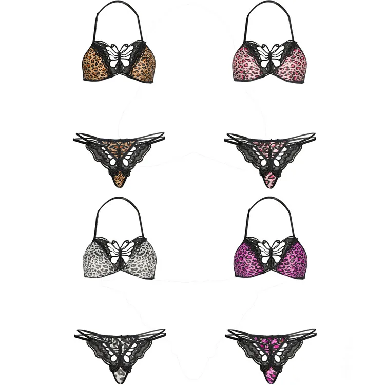 

PoeticExist Women's Sexy Butterfly Three-Point Lingerie Set Erotic Hollow-Out Leopard Bikini