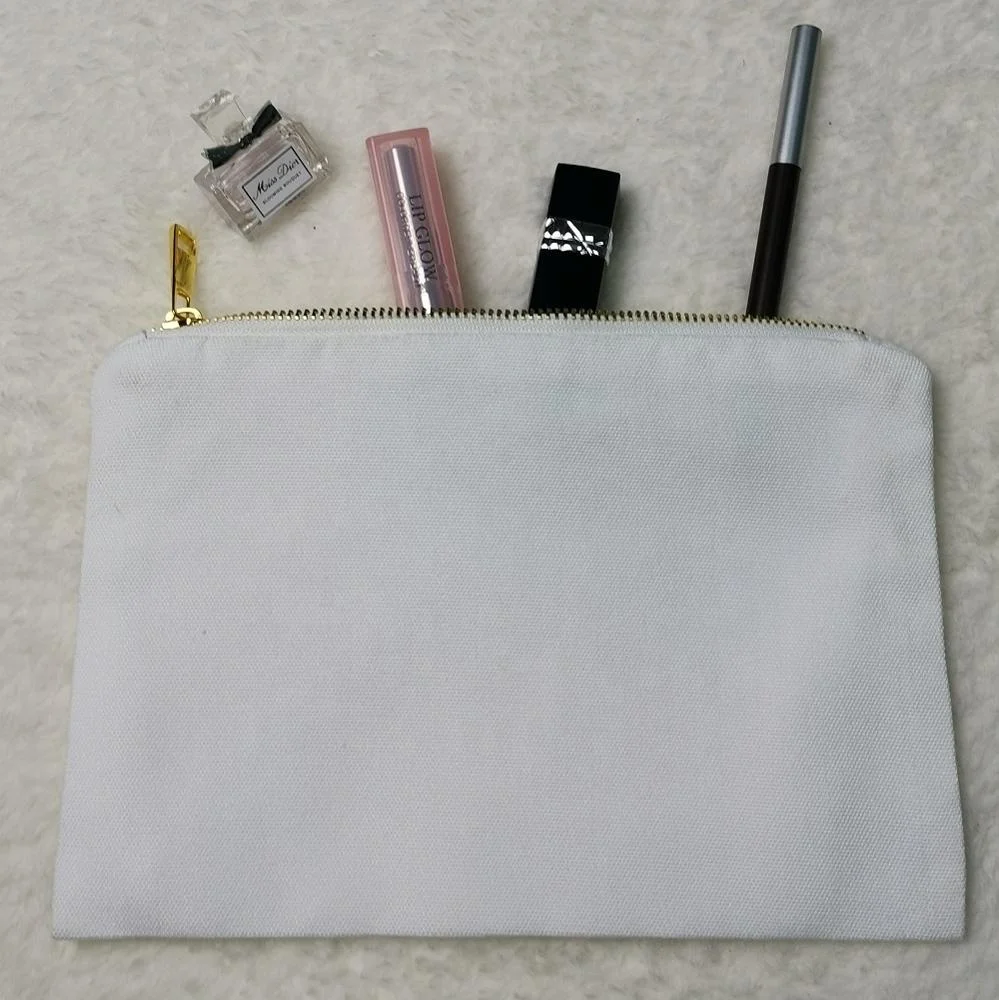 

100% Polyester Blank Zipper Pouch For Sublimation Plain White Travel Toiletry Bag With Gold Metal Zipper