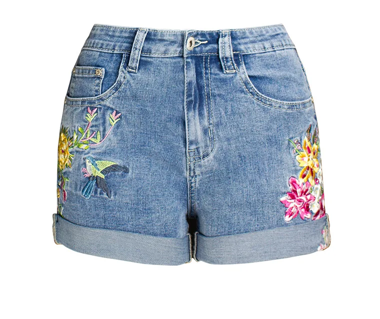 

A new summer dress for ladies stretch embroidered mid-waist wide leg jean shorts temperament commuter