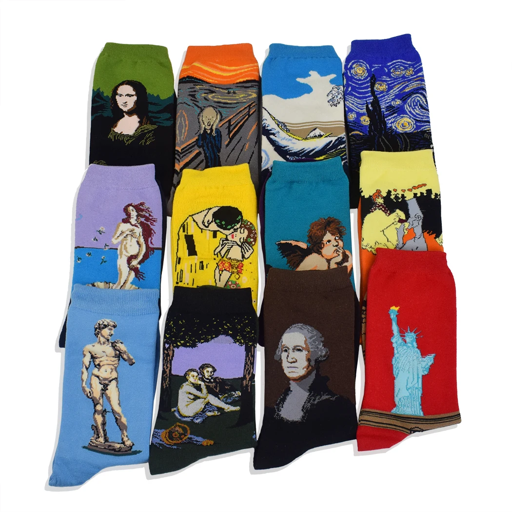

New Fashion personality famous Art Oil Painting Socks Men Women Retro Van Gogh Mona Lisa Gustav Klimt Long Sock Cotton Socks