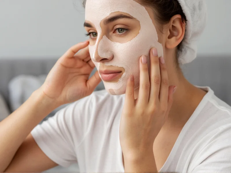 Woman applying natural face mask in home setting