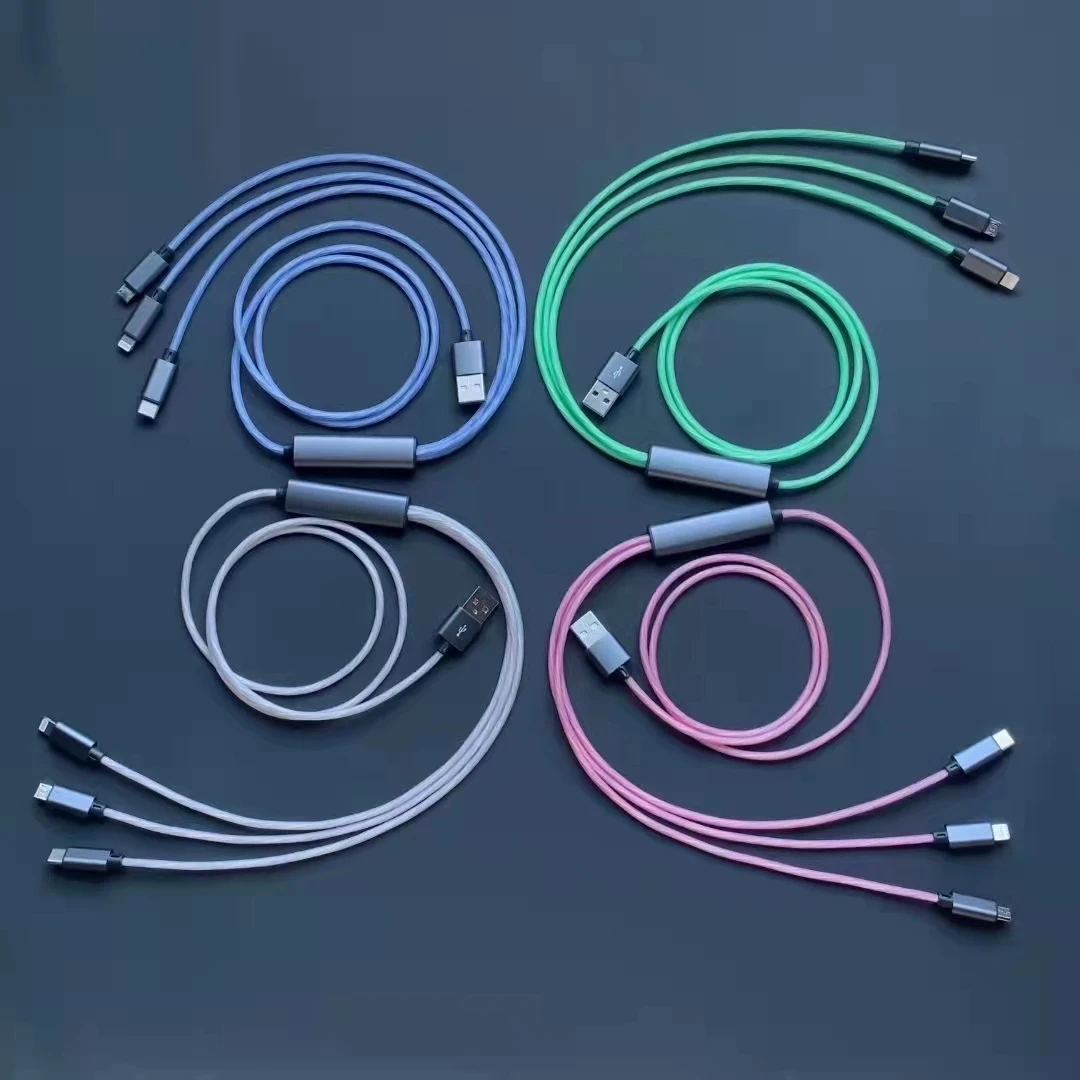 

3L1D Wholesale Hotsell 3 in1 LED Lighting Mobile Phone Charger USB Cable China Factories LED Flowing Light 3 in 1 Charging Cable, Blue, green, red, colorful