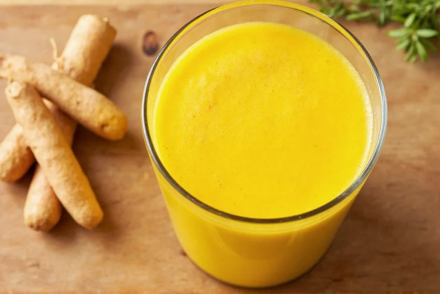 Golden turmeric milk in ceramic mug with turmeric root and black peppercorns
