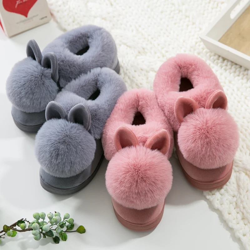 

Autumn Winter Cotton Slippers Fur Rabbit Home Warm Thick Bottom Indoor Cotton Shoes Womens Slippers Cute Fluffy Cat Slippers, Different colors and support to customized
