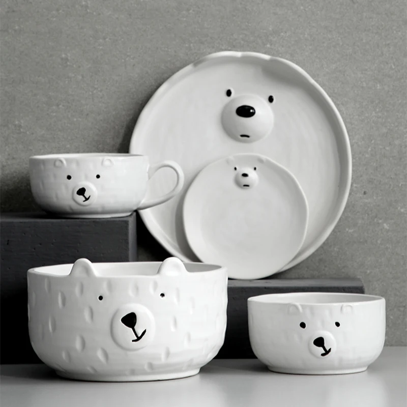 

Cartoon Bear Kitchen Ceramic Crockery Porcelain Dinnerware Sets Dishes Plates Stoneware Restaurant Tableware Sets, White