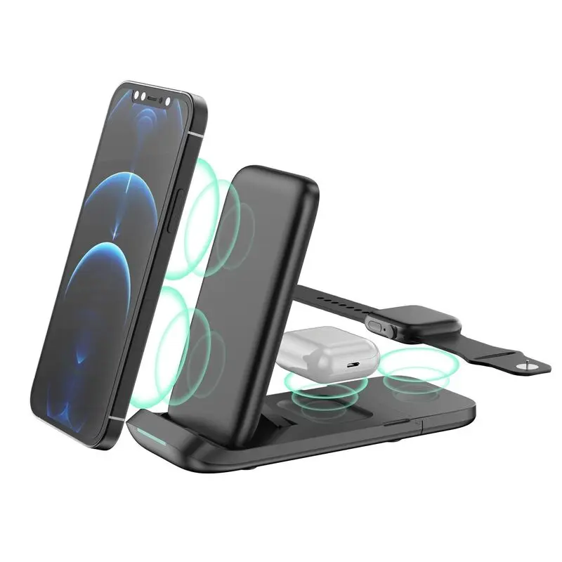 

Portable Pocket Cellphone Wireless Charger 3 in 1 Charging Station For iPhone Earbuds Air Pod, Black