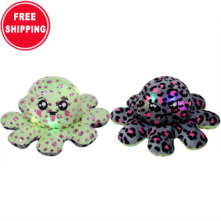 

2022 New Creative Shinny Cute Gift Stuffed Printed Double-sided Reversible Flip Octopus Plush Toy With Light, Blue/black/orange..