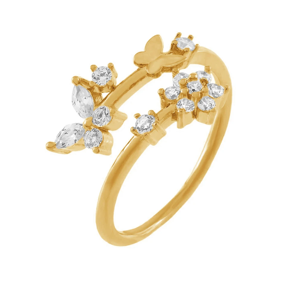 

wholesale italian gold jewelry 925 sterling silver 18k gold vermeil trendy cz butterfly x flower wrap ring for women
