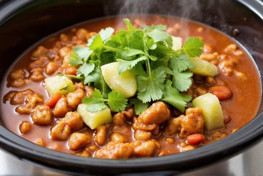 Slow cooker filled with steaming chicken chili topped with fresh cilantro and lime wedges