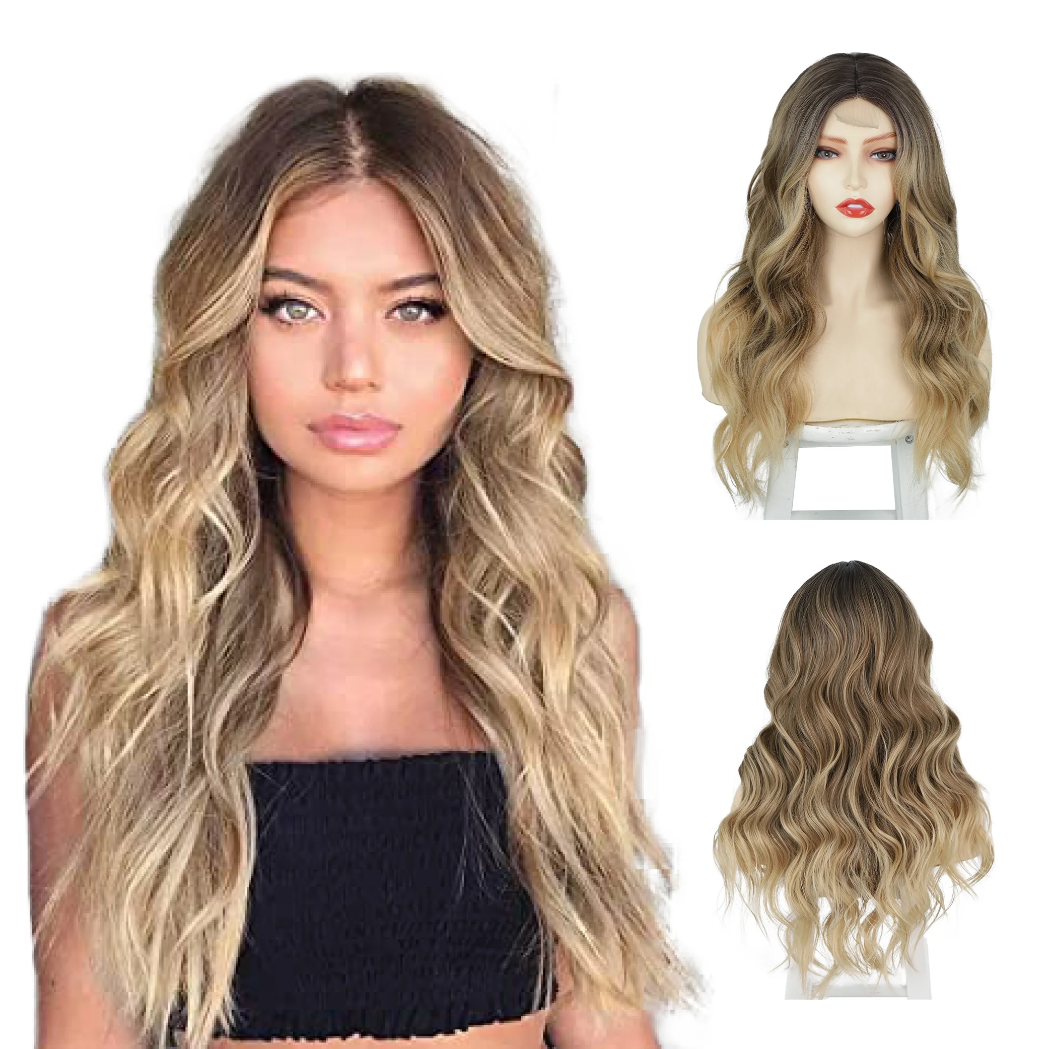 

2022 New Design High Quality Synthetic Hair Lace Front Straight to Body Wave Ombre Color Natural Wigs, R2/10/613#