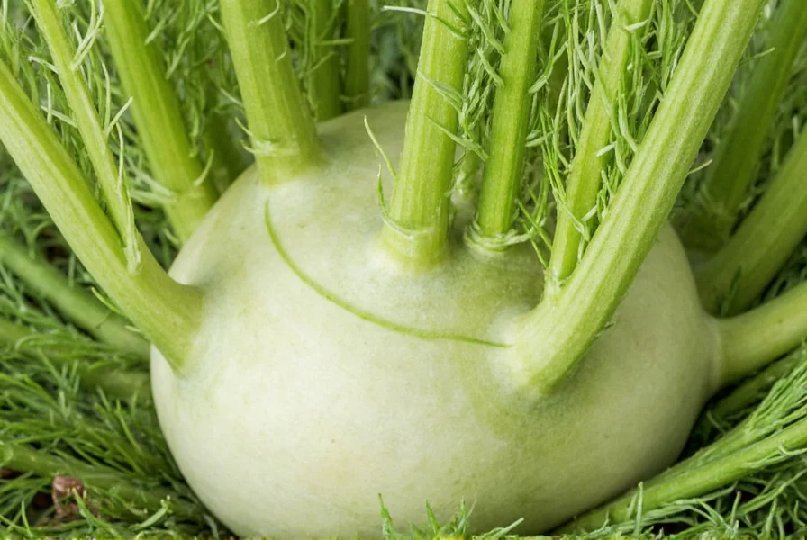 Close-up view of whole fennel plant showing bulb, stalks, and feathery fronds