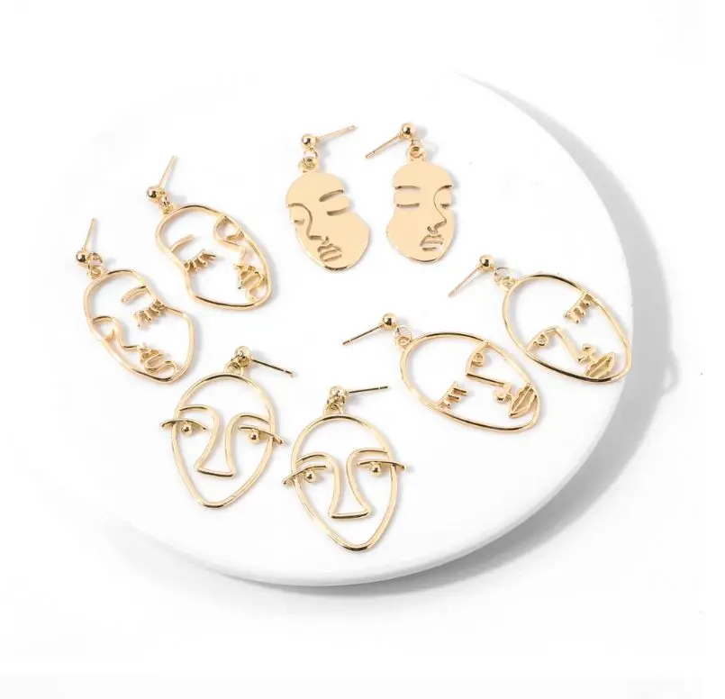 

2021 Korean Fashion Jewelry Gold Color Brass Abstract Lady Face Dangle Earrings for women Accessories Brincos