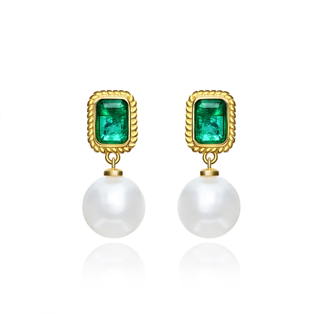 

925 Sterling Silver Created Moissanite Pearl Emerald Drop Dangle Earrings, White