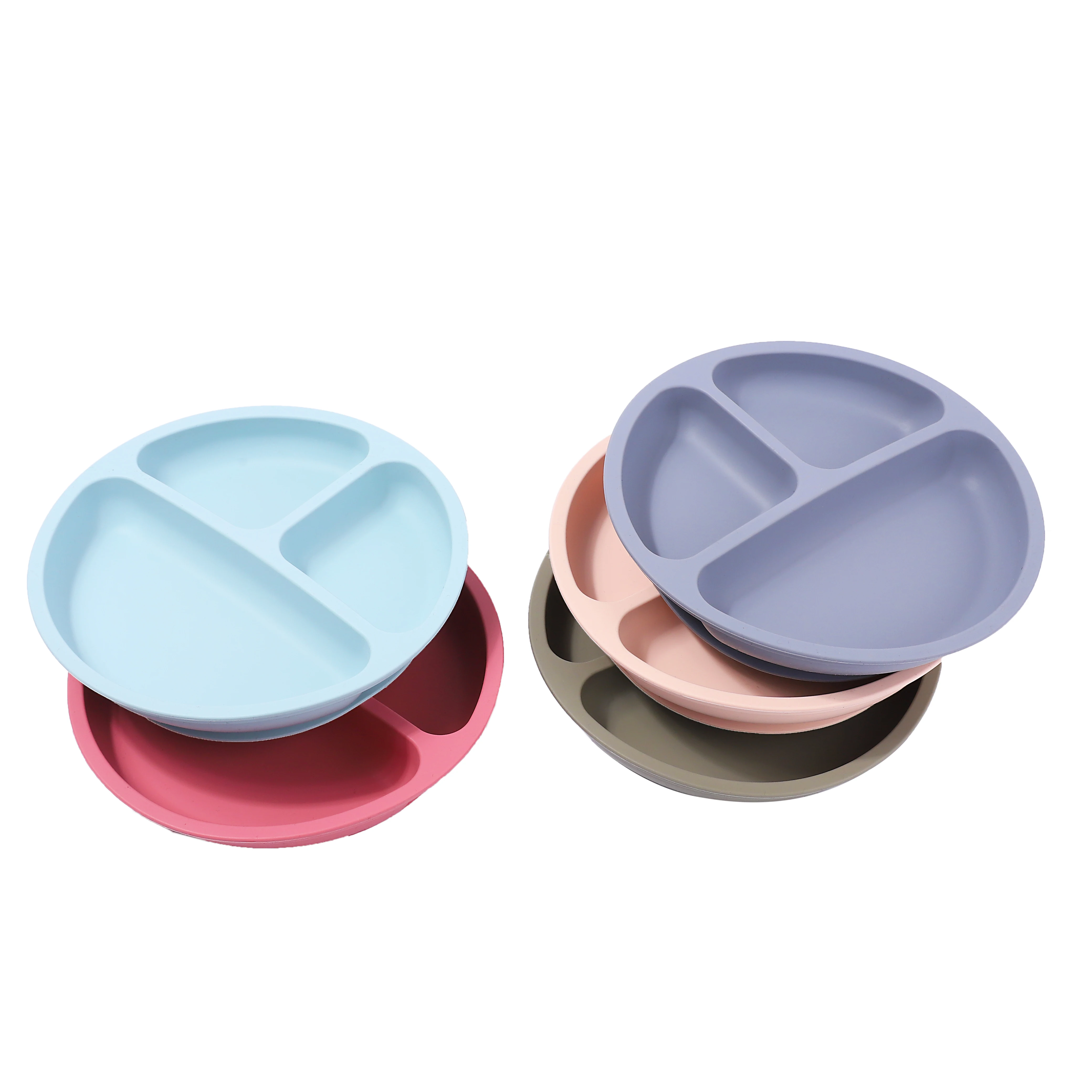 

Custom Color Toddler Kids Silicon Three Divider Food Suction Plate Baby Silicone Feeding Suction Plate with Spoon, Blue, pink, light green, customized