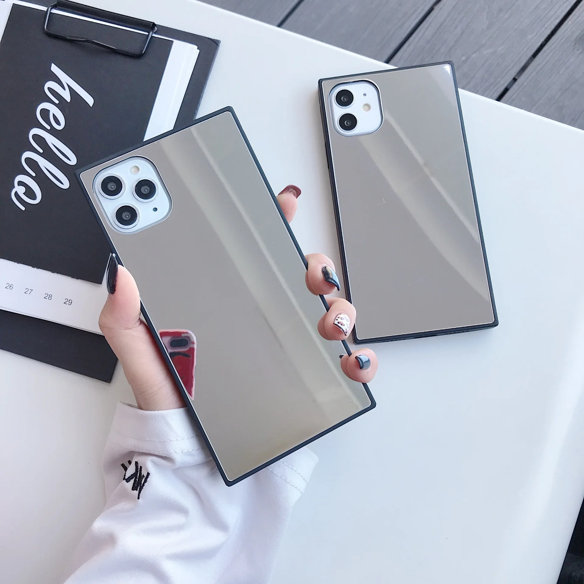 

Girl Make Up Mirror Square Phone Case for iPhone 12 11 Pro Max XR XS Max 7 8 6S Plus Soft TPU Side+PC Full Body Phone Cover