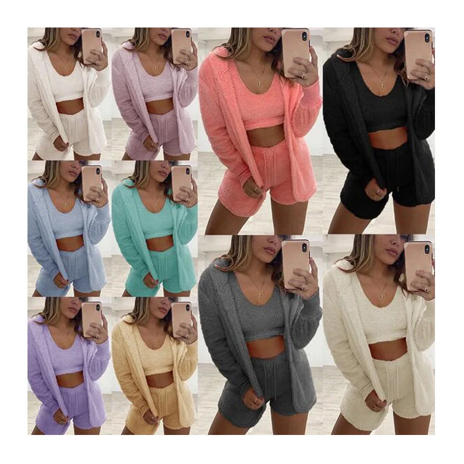 

2021 New Arrival Plush Fashion Long Sleeve Jacket Vest Shorts Three Piece Set Women Sexy Luxury Loungewear