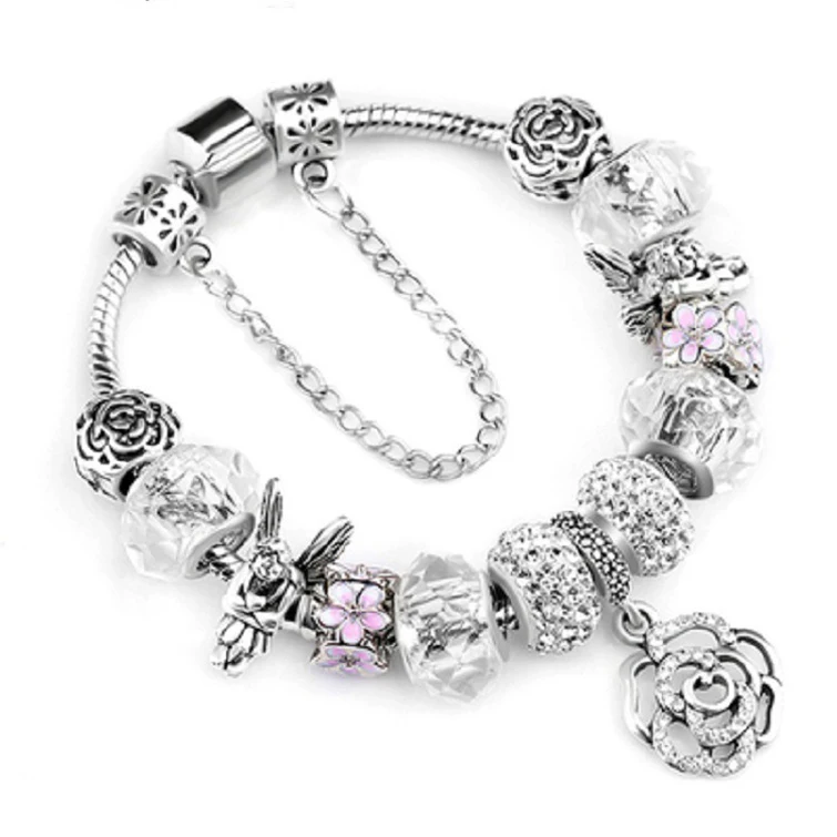 

925 Fashion Silver Charms Bracelet Bangle For Women Crystal Flower Fairy Bead Fit Brand Bracelets Jewelry Pulseras Mujer, 4 colors