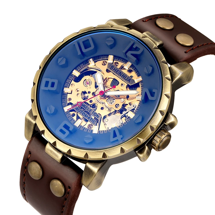 

SHENHUA 9892 hot leather Watches Men Automatic Skeleton Clock Creative Milan Mesh Steel Strap Wrist Watch Luxury montre homme