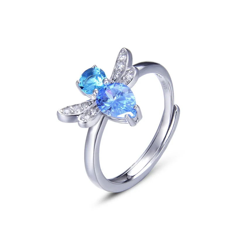 

s925 sterling silver crystal simple sweet ring accessories open ring female bee jewelry