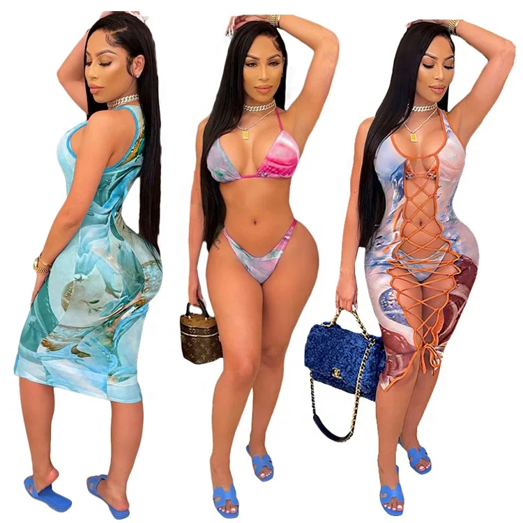 

New Arrivals Fashion Print Bikini Tie Blouse Three Piece Swimsuit Dress Women Sexy Swimwear Bikini Set 2021