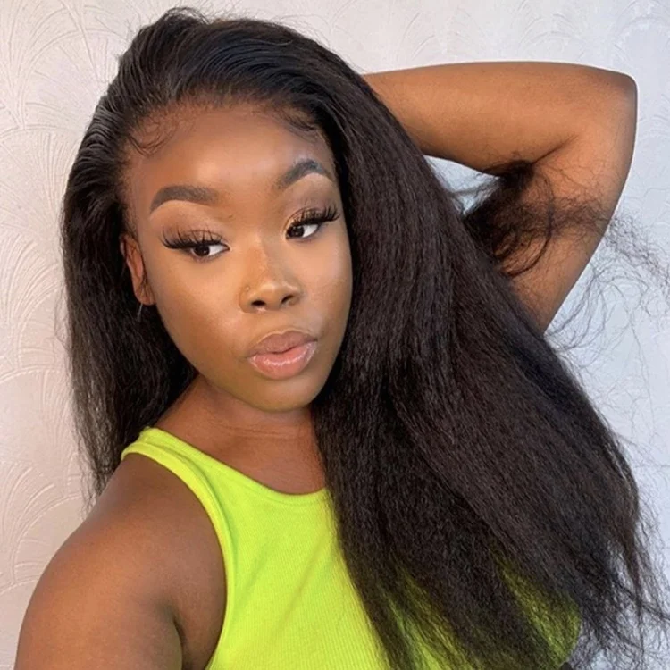 

Long Natural Virgin Hair Wig Kinky Straight Brazilian Human Hair Wigs 13*4 Lace Front Wig with Natural Hairline, 1b