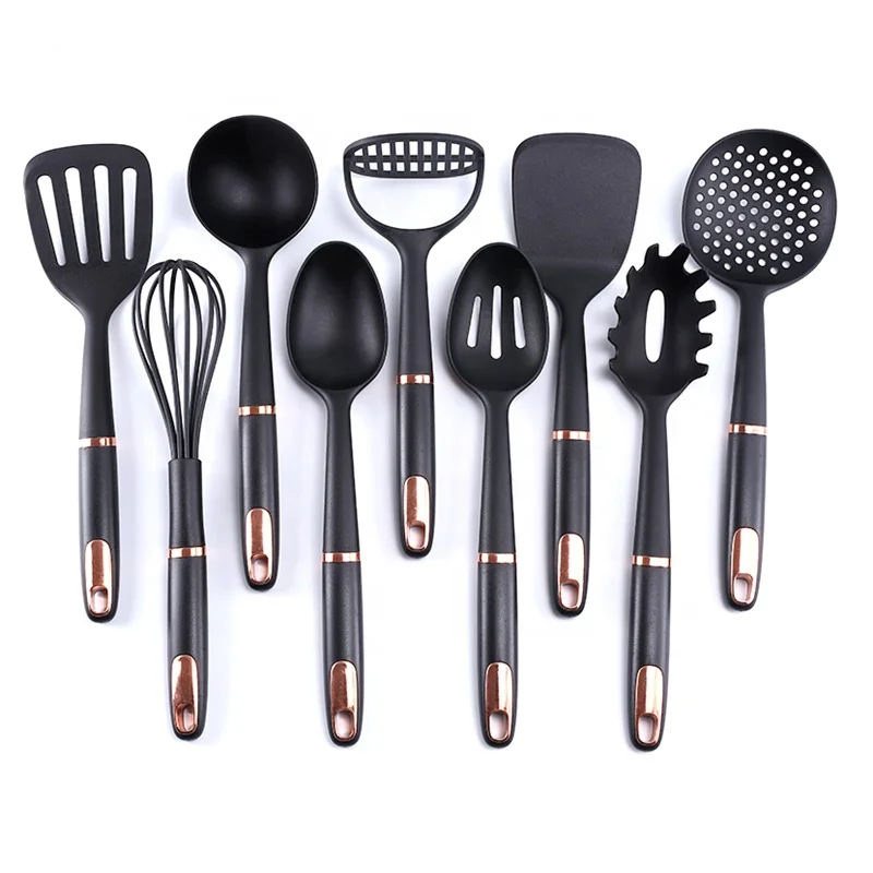 

Amazon hot selling 9pcs black nylon kitchen cooking utensils for non stick cookware