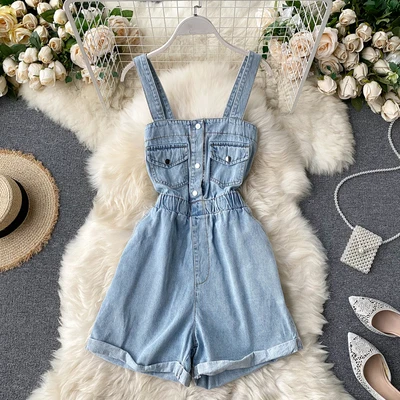 

2020 Summer Women Fashion Sleeveless Denim Short Jumpsuits
