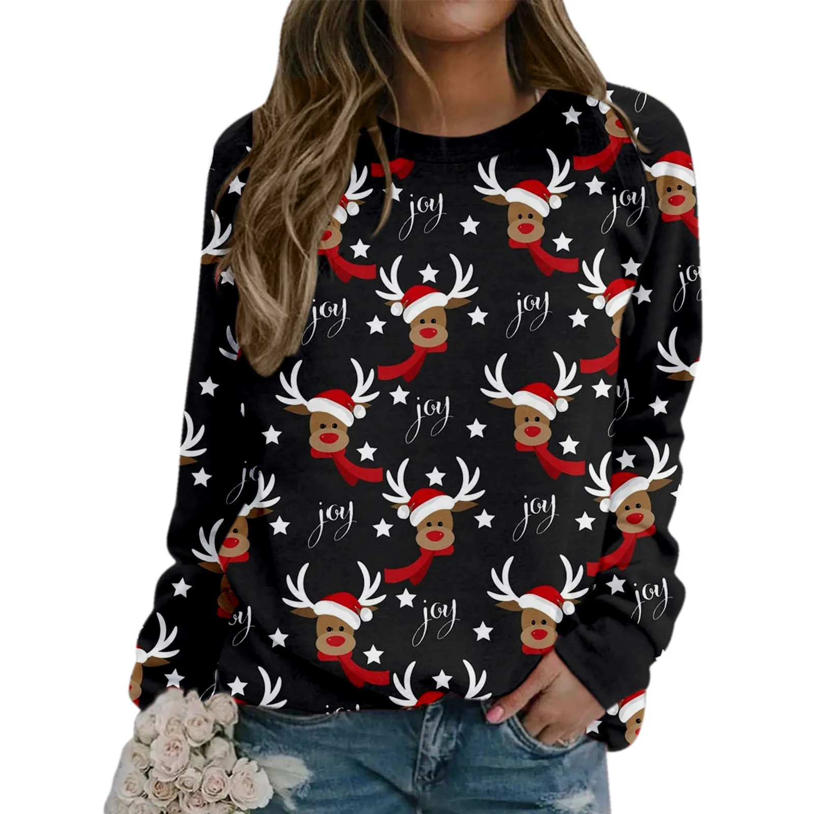 

2022 New Winter Long Sleeve Cartoon Crew Neck Women Printed Elk Christmas Jumper Pullover Ugly Christmas Sweater Custom