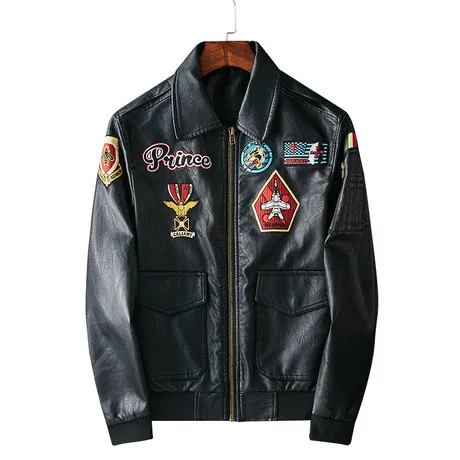 

2020 Men's Leather Motorcycle Jacket Aviator Jacket Air Force Uniform Badge Embroidered Lapel Leather Jacket, Multi colors