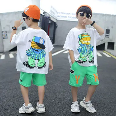 

New arrival summer casual Boys 2 Pieces Clothing Set short sleeves cartoon printed t shirt + casual shorts for kids, Picture shows