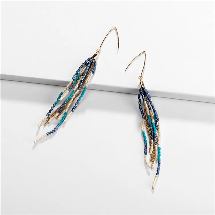 Native American Style Tribal Multicolor Beaded Fringe Dangle Drop Earring Long Seed Bead Tassel Earrings