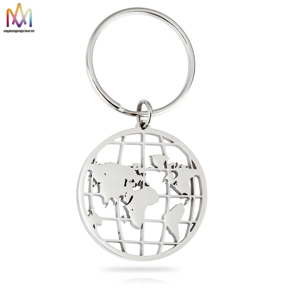 

Stainless Steel Travel Memorial Gift Custom Hollow Pendant Metal Keychains 3D Earth Engraved Keychain