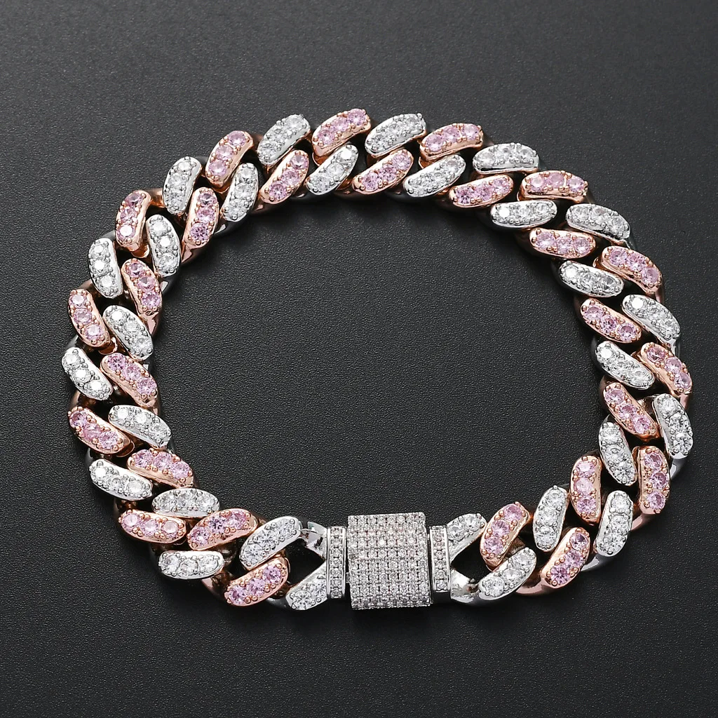 

2021 New Arrivals Bracelet Hip Hop Mens Iced Out Pink/Crystal Zircon Bracelets & Bangles Jewelry 12mm Cuban Link Chain Bracelet