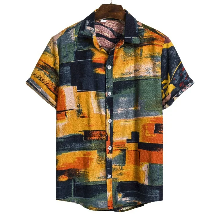 

Men's shirt African ethnic style dark cauliflower style linen printed short-sleeved shirt for men, Picture shown