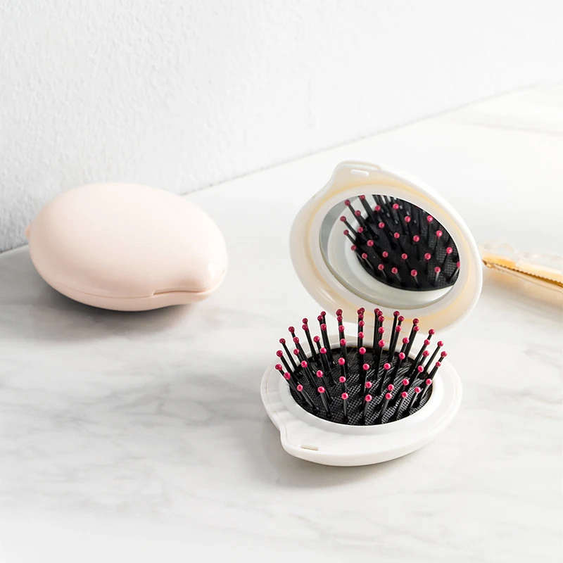 

Mini Brush And Mirror Portable Folding Massage Detangling Air Cushion Comb Round Travel Hair Mirror Comb Set, White,pink