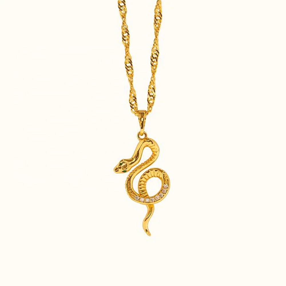 

Newest fashion punk 18K gold plated simple snake cute dragon inlay green zircon stainless steel pendant necklace jewelry
