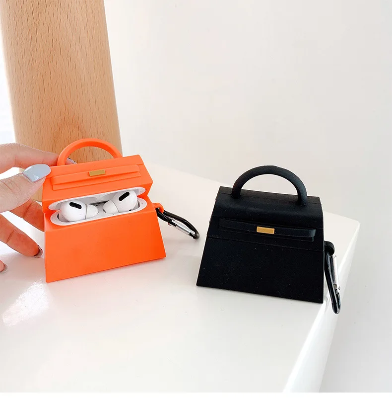 

Hot Sale Fashion 3D Handbag Design Wireless Earphone Case with Clip for Airpods Pro Luxury Womens Silicone Cover for Airpods 1/2, Black/orange