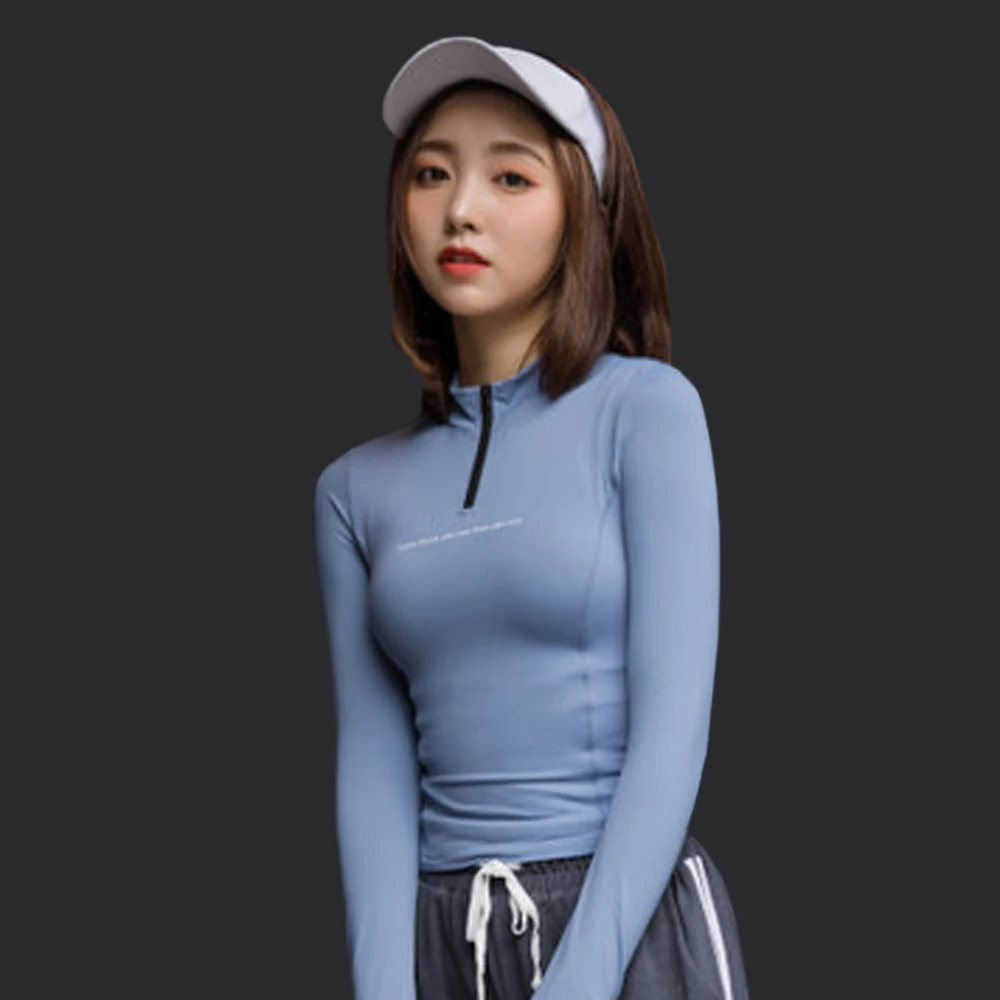 

In Stock Half Zipper With Thumb Holes Sexy Slim quick dry running shirt Long Sleeve Workout T-Shirts