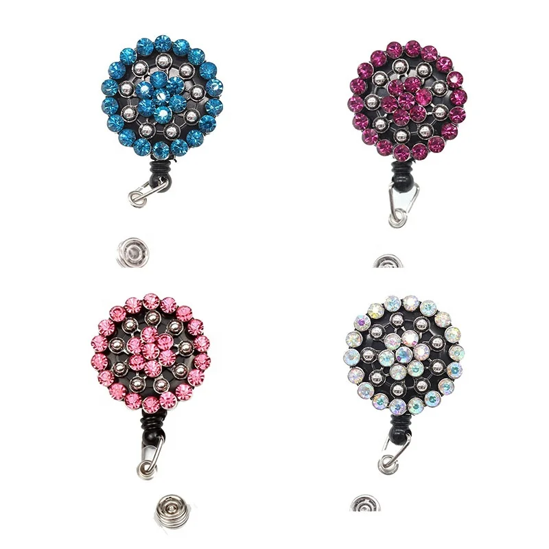 Medical Nurse Accessories Mixed Styles Full Rhinestone Flower Retractable Pull Reel/Id Name Badge Holder, As picture