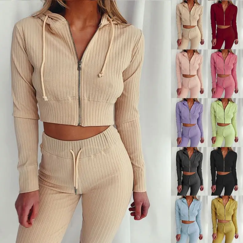 

W659 Fall New Plus Size Casual Crop Top And Pants Suit Hoodie Solid Color Rib Zipper Jogger Sweatpants Ribbed Two Piece Set