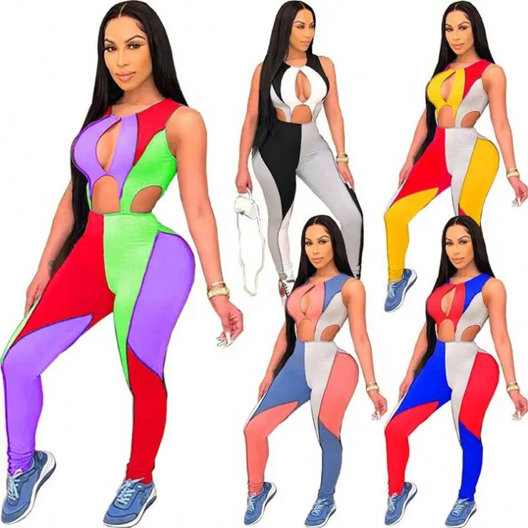

EB-2021030207 New Fashion Patchwork Hollow Out Sexy Women Jumpsuits 2021 Woman Bodycon Jumpsuits