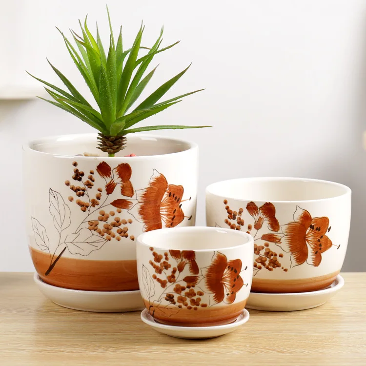 

3pcs set garden pot wih drainge holes plugs cream ceramic planter for outdoor, White ,colorful