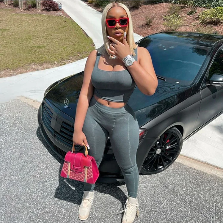 

Summer 2022 Women Clothing Solid Color Sportswear Knitted Ribbed Yoga Set Crop Tank Top Two Piece Pants Set Women