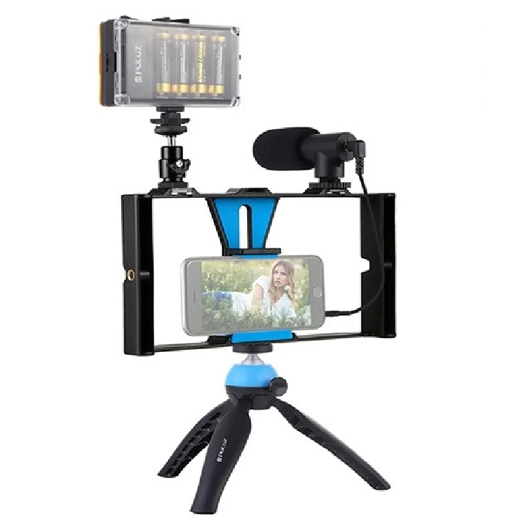

PULUZ 4in1 Vlogging Live Broadcast LED Selfie Light Smartphone Video Rig Kits with Microphone Tripod Mount Cold Shoe Tripod Head