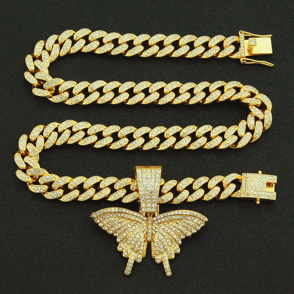 

Hip Hop CZ 13 MM Gold Silver Plated Butterfly Pendant Cuban Link Necklace Iced Out Chain For Men Women Valentine Jewelry Gift