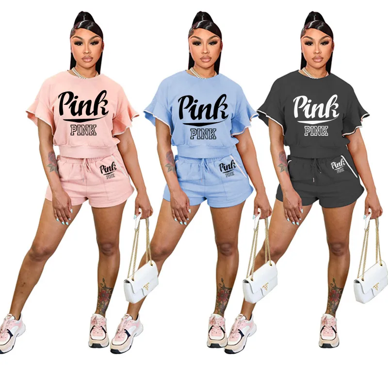 

H12006 2022 new arrivals short sleeves ruffle jogger set pink workout sets 2 piece women short set, Picture color