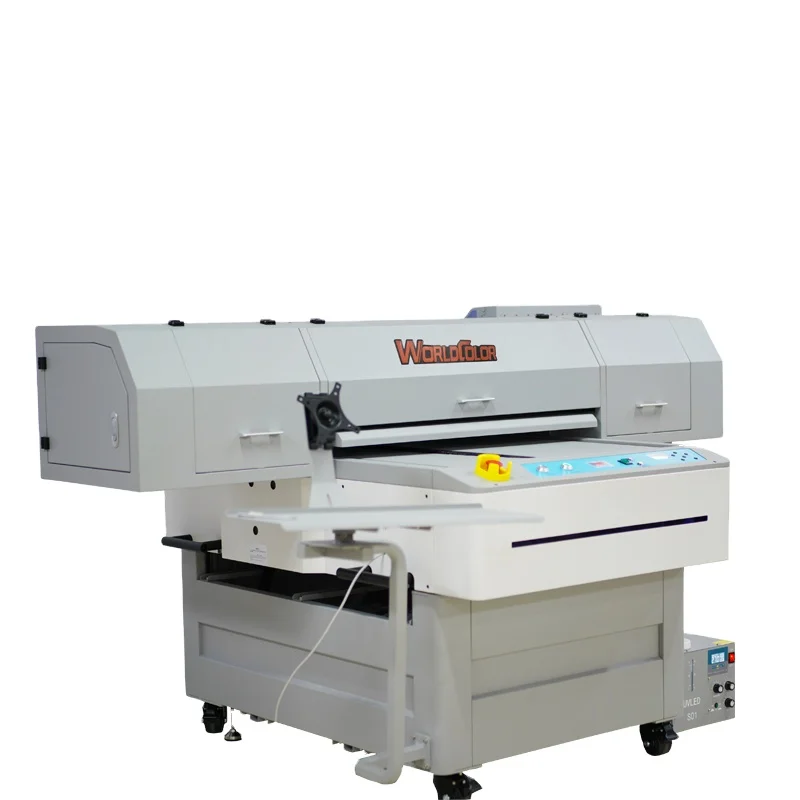 

worldcolor uv dtf printer 9060 size flatbed inkjet printer with varnish printing machine for bottles cups wood and film