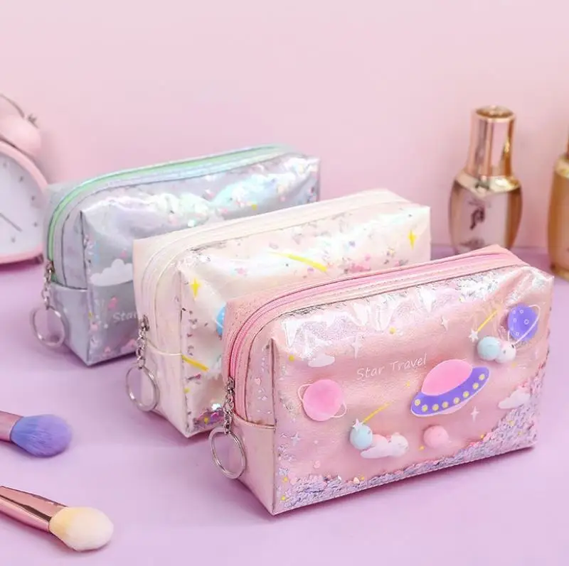 

Cute Large-Capacity Planetary Quicksand Makeup Bag Pink Cosmetic Bag Girl Portable Small Travel Wash Holographic Cosmetic Bag, Custom