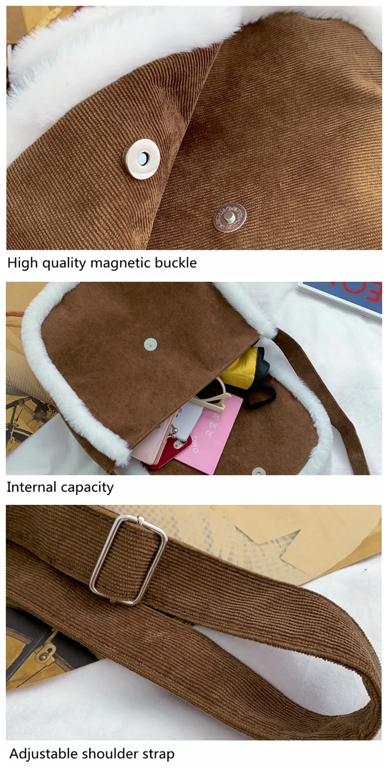 Winter warm large capacity velvet fabric ladies messenger bag cute cartoon canvas bag